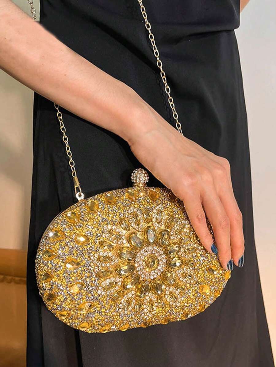 Dedoo – Sac de soirée ovale en strass avec chaîne dorée et design tournesol