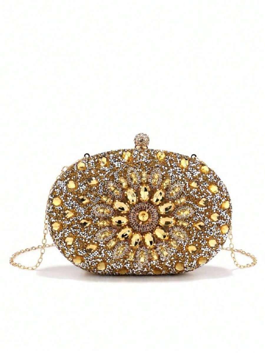 Dedoo – Sac de soirée ovale en strass avec chaîne dorée et design tournesol