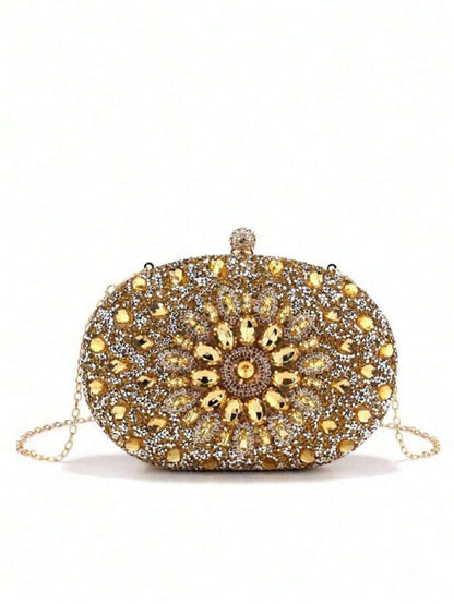 Dedoo – Sac de soirée ovale en strass avec chaîne dorée et design tournesol