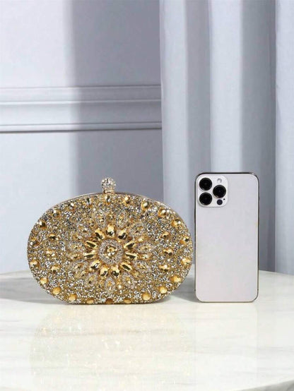 Dedoo – Sac de soirée ovale en strass avec chaîne dorée et design tournesol
