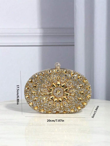 Dedoo – Sac de soirée ovale en strass avec chaîne dorée et design tournesol