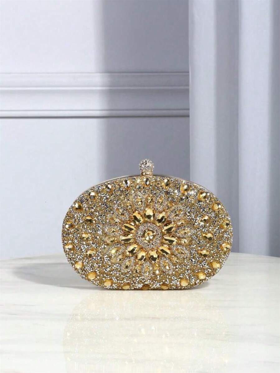 Dedoo – Sac de soirée ovale en strass avec chaîne dorée et design tournesol