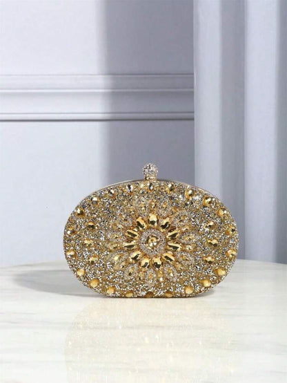 Dedoo – Sac de soirée ovale en strass avec chaîne dorée et design tournesol
