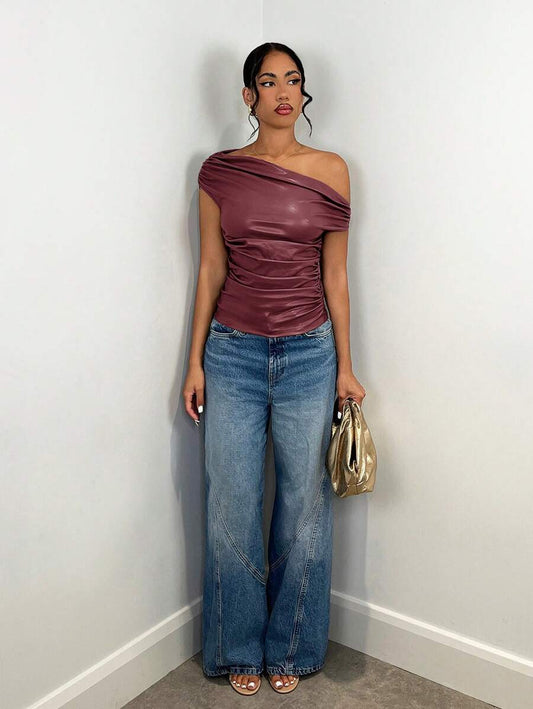 SHEIN BAE – T-shirt moulant à col asymétrique froncé en jersey stretch
