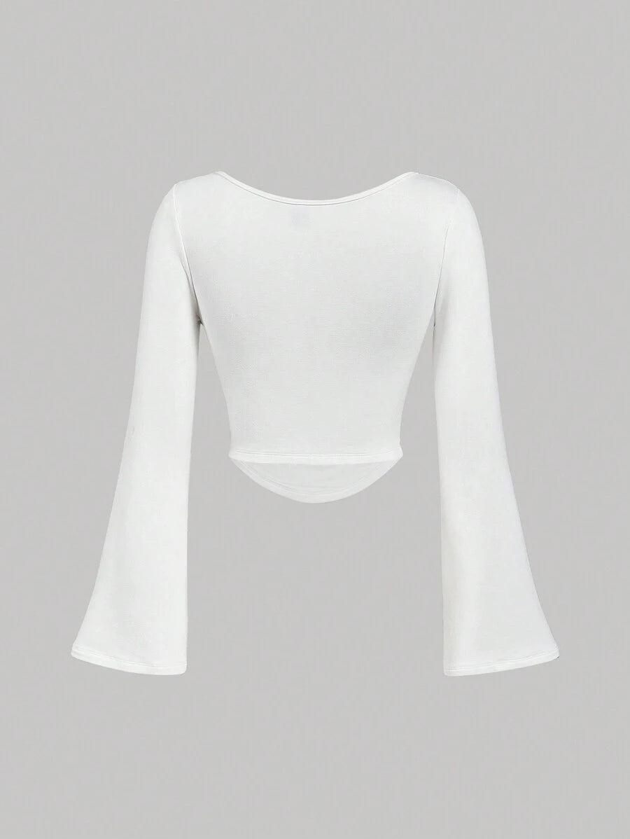 SHEIN MOD – T-shirt à col bateau en tricot avec manches évasées et garniture froncée