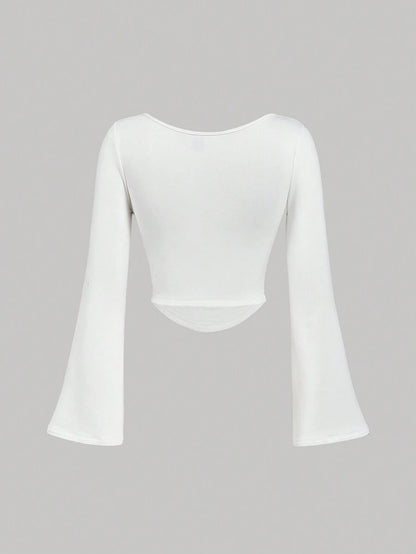 SHEIN MOD – T-shirt à col bateau en tricot avec manches évasées et garniture froncée