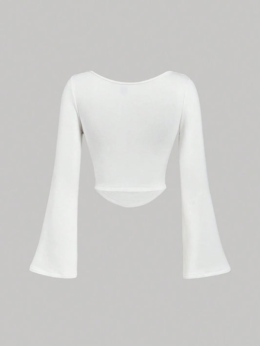 SHEIN MOD – T-shirt à col bateau en tricot avec manches évasées et garniture froncée