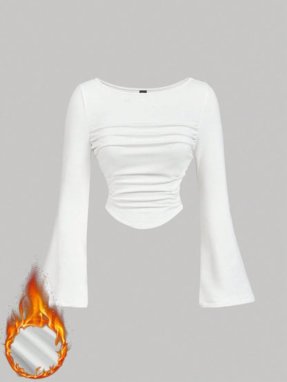 SHEIN MOD – T-shirt à col bateau en tricot avec manches évasées et garniture froncée