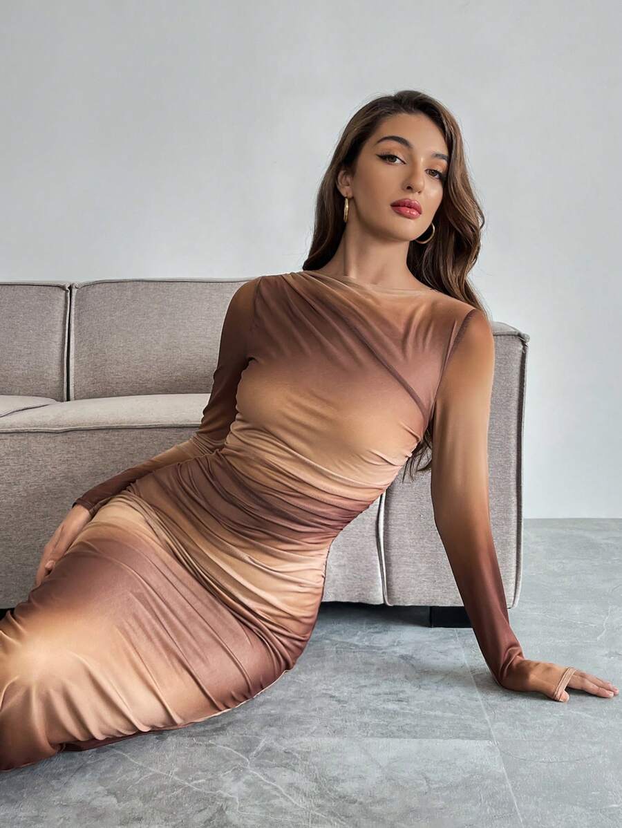 Firerie – Robe fourreau longue à col rond, manches longues, imprimé tie-dye