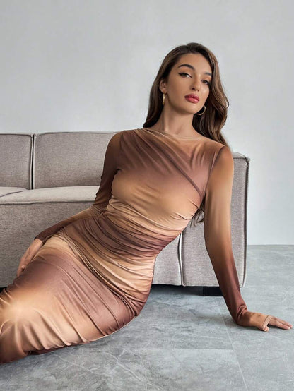 Firerie – Robe fourreau longue à col rond, manches longues, imprimé tie-dye