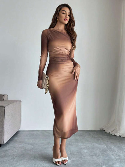 Firerie – Robe fourreau longue à col rond, manches longues, imprimé tie-dye