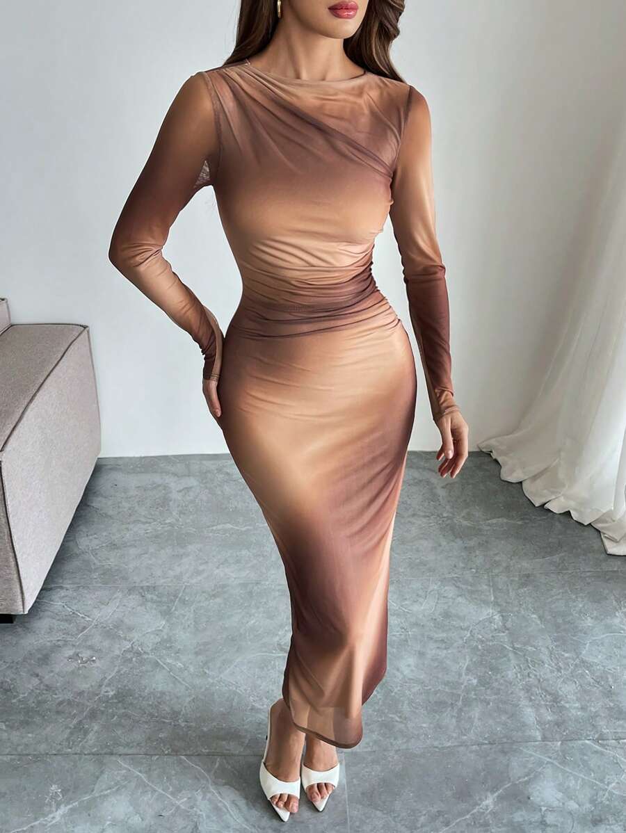 Firerie – Robe fourreau longue à col rond, manches longues, imprimé tie-dye