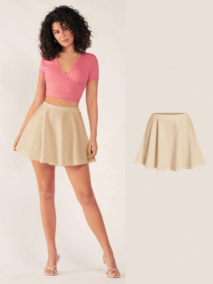 SHEIN BASICS – Jupe Évasée Nude à Fermeture Éclair