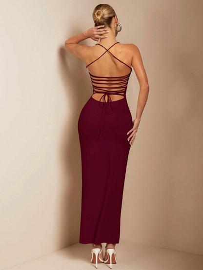 SHEIN BAE – Robe bordeaux dos-nu avec liens, élégance et séduction