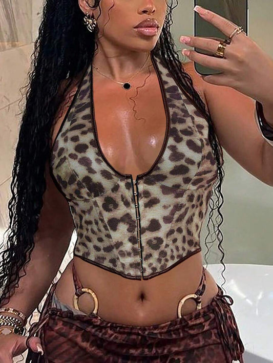 Apperloth A – Top corset à lacets croisés au dos, baleines, imprimé léopard