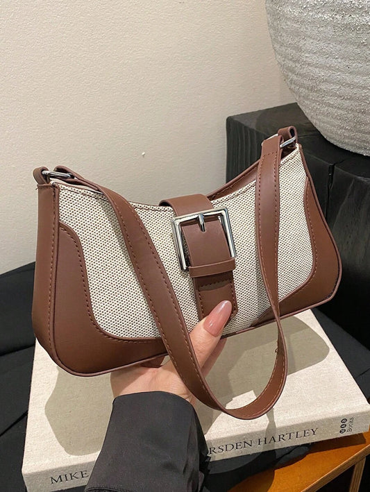 Sac Baguette Élégant en Lin avec Poignée Supérieure