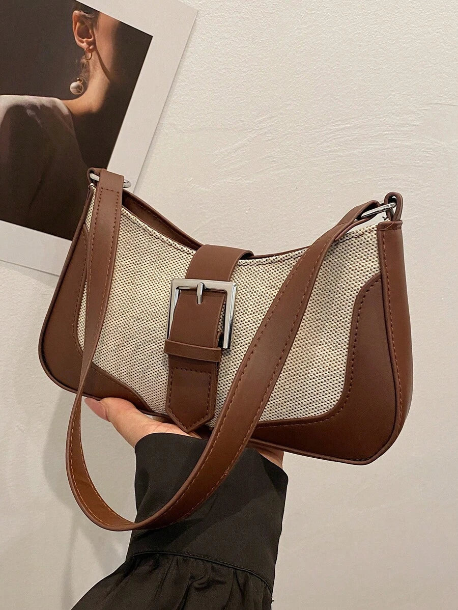 Sac Baguette Élégant en Lin avec Poignée Supérieure