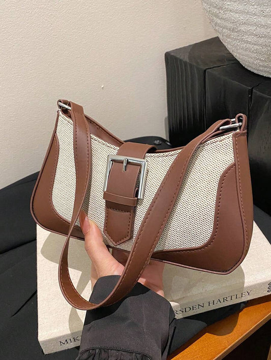 Sac Baguette Élégant en Lin avec Poignée Supérieure
