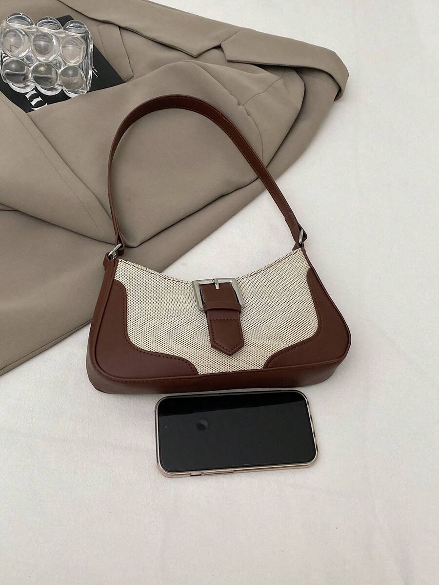 Sac Baguette Élégant en Lin avec Poignée Supérieure
