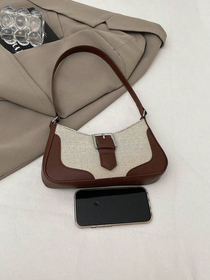 Sac Baguette Élégant en Lin avec Poignée Supérieure