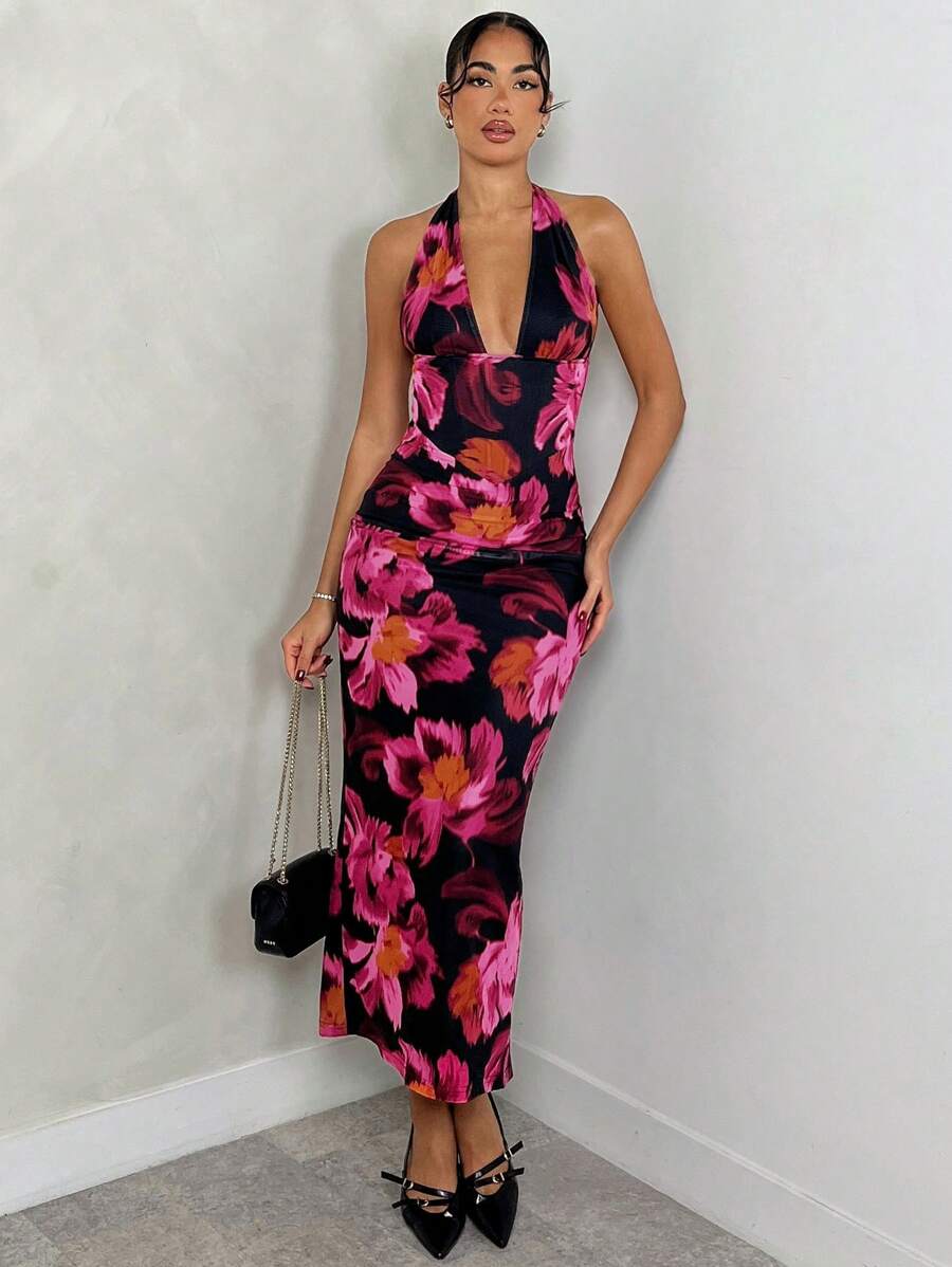 Glamine Robe Mi-Mollet Imprimée Dos-Nu à Col Ras-du-Cou