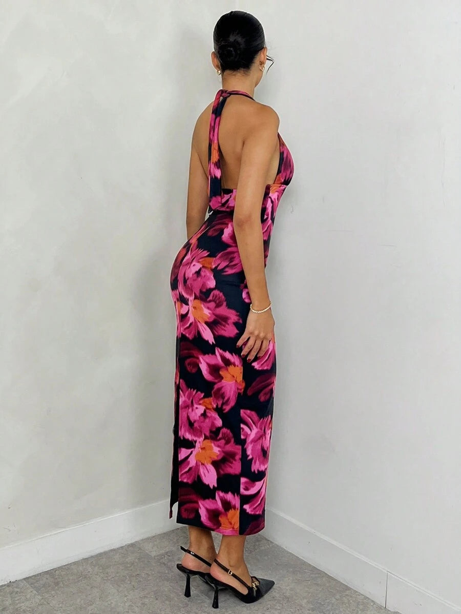 Glamine Robe mi-mollet avec imprimé floral et col ras-du-cou