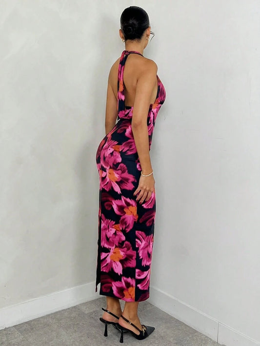 Glamine Robe mi-mollet avec imprimé floral et col ras-du-cou