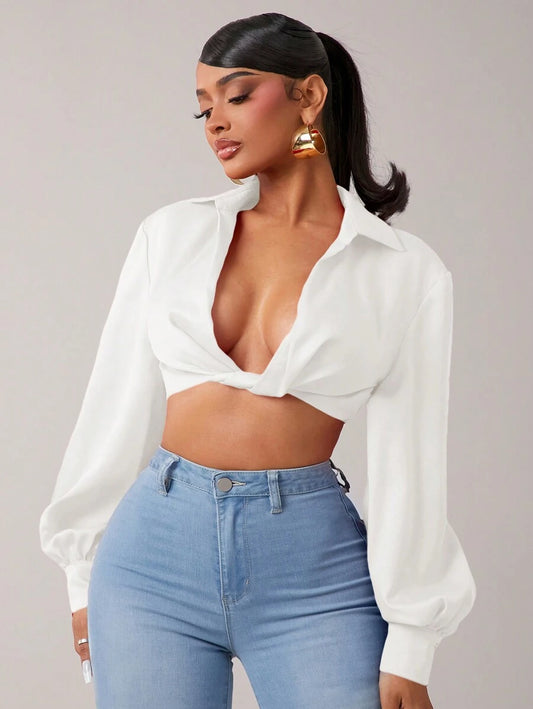 SHEIN SXY – Blouse à manches lanternes avec torsion avant et coupe ajustée