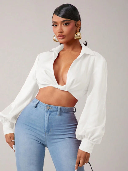 SHEIN SXY – Blouse à manches lanternes avec torsion avant et coupe ajustée