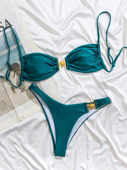 Swim Vcay – Bikini Vert Sapin avec Garniture Dorée