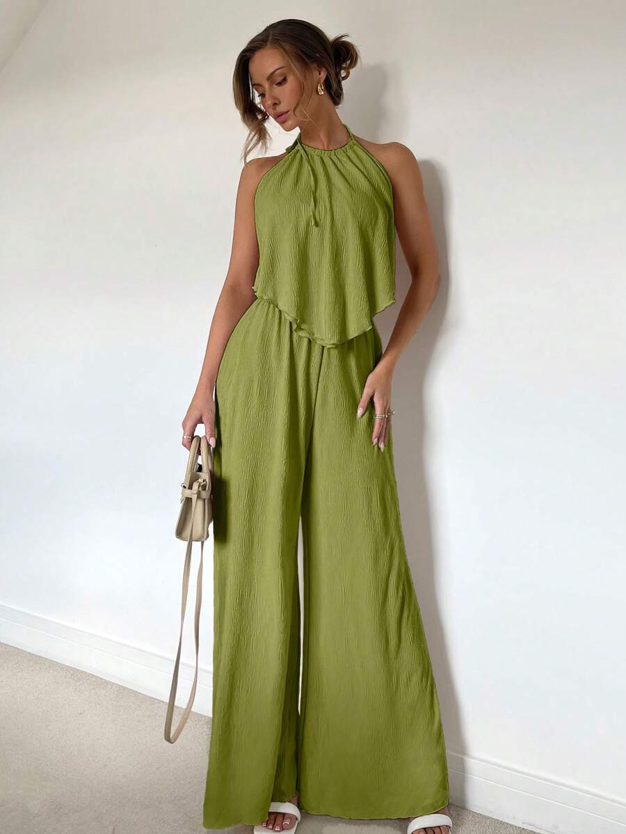 Siren Gaze – Ensemble 2 pièces, jupe longue fendue, top ras-du-cou plissé, printemps/été