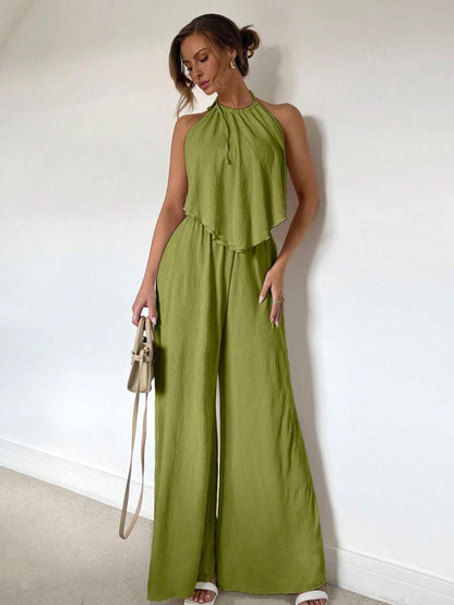 Siren Gaze – Ensemble 2 pièces, jupe longue fendue, top ras-du-cou plissé, printemps/été