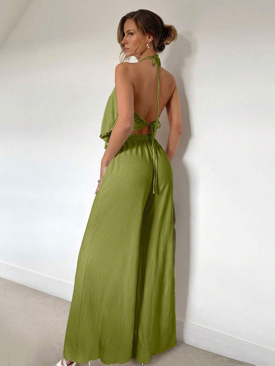 Siren Gaze – Ensemble 2 pièces, jupe longue fendue, top ras-du-cou plissé, printemps/été