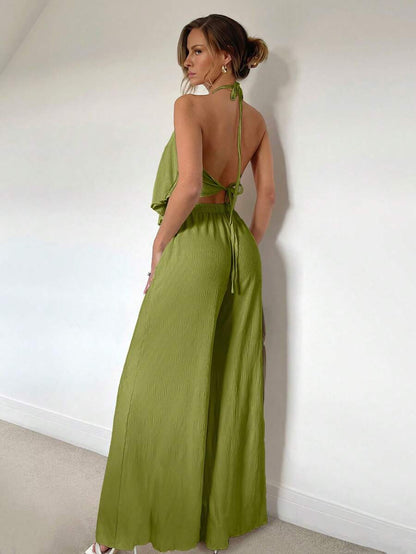 Siren Gaze – Ensemble 2 pièces, jupe longue fendue, top ras-du-cou plissé, printemps/été