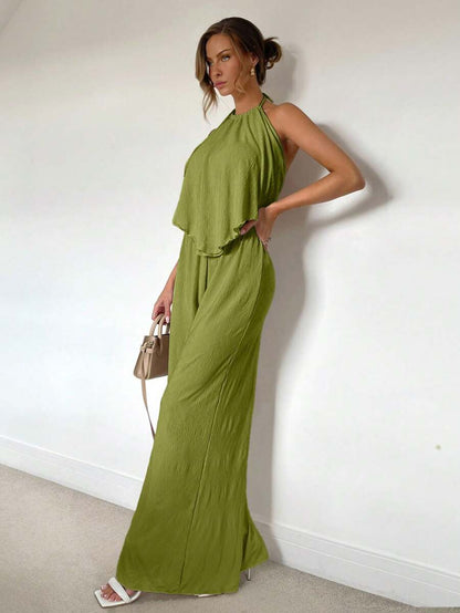 Siren Gaze – Ensemble 2 pièces, jupe longue fendue, top ras-du-cou plissé, printemps/été