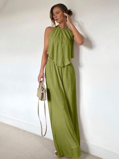 Siren Gaze – Ensemble 2 pièces, jupe longue fendue, top ras-du-cou plissé, printemps/été