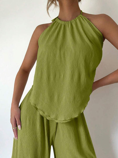 Siren Gaze – Ensemble 2 pièces, jupe longue fendue, top ras-du-cou plissé, printemps/été