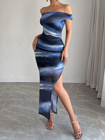 Rafferiza – Robe Casual Midi à Épaules Dénudées et Fente Élégante