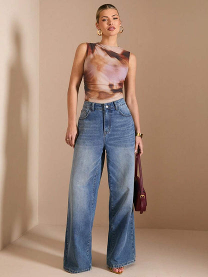 SHEIN BAE – Body plissé à imprimé tie-dye asymétrique pour le printemps/été