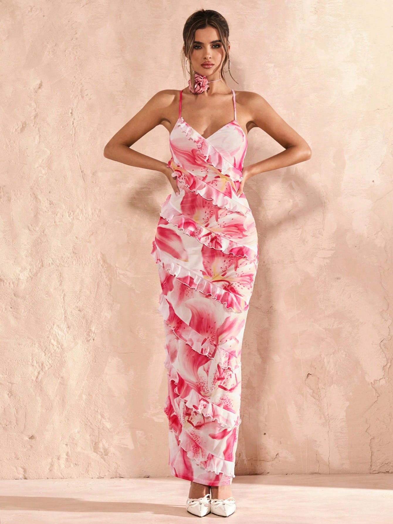 SHEIN BAE – Robe maxi à fines bretelles et imprimé floral romantique
