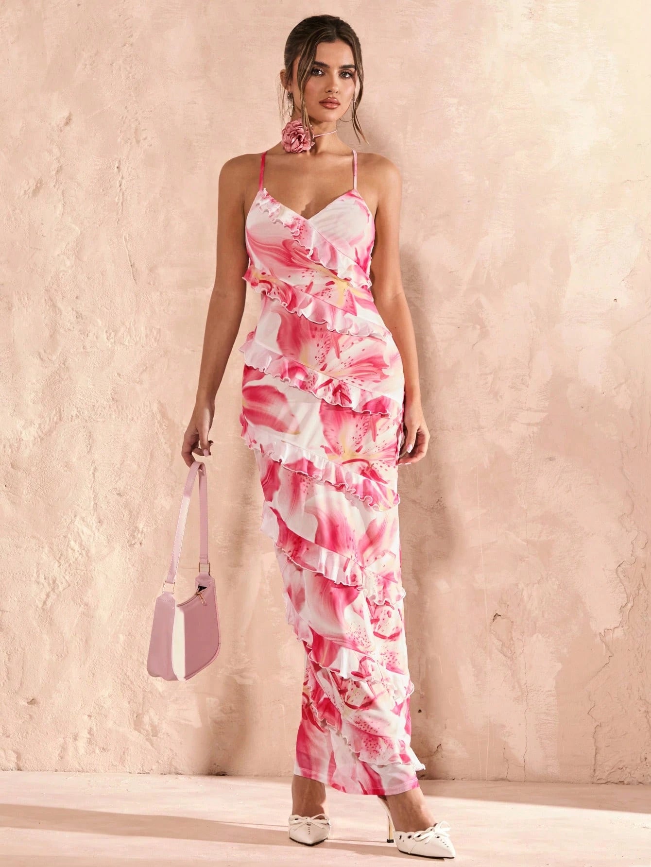 SHEIN BAE – Robe maxi à fines bretelles et imprimé floral romantique