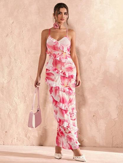 SHEIN BAE – Robe maxi à fines bretelles et imprimé floral romantique