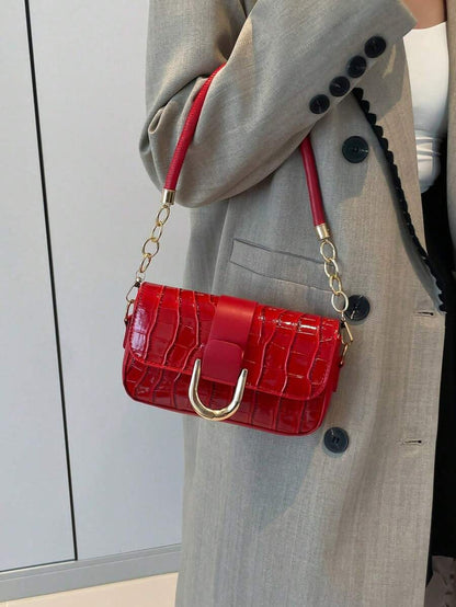 Sac carré à motif crocodile avec chaîne