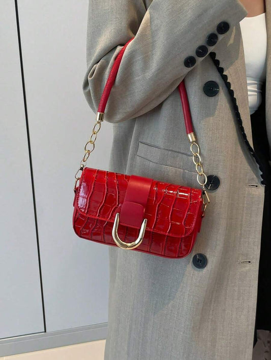 Sac carré à motif crocodile avec chaîne