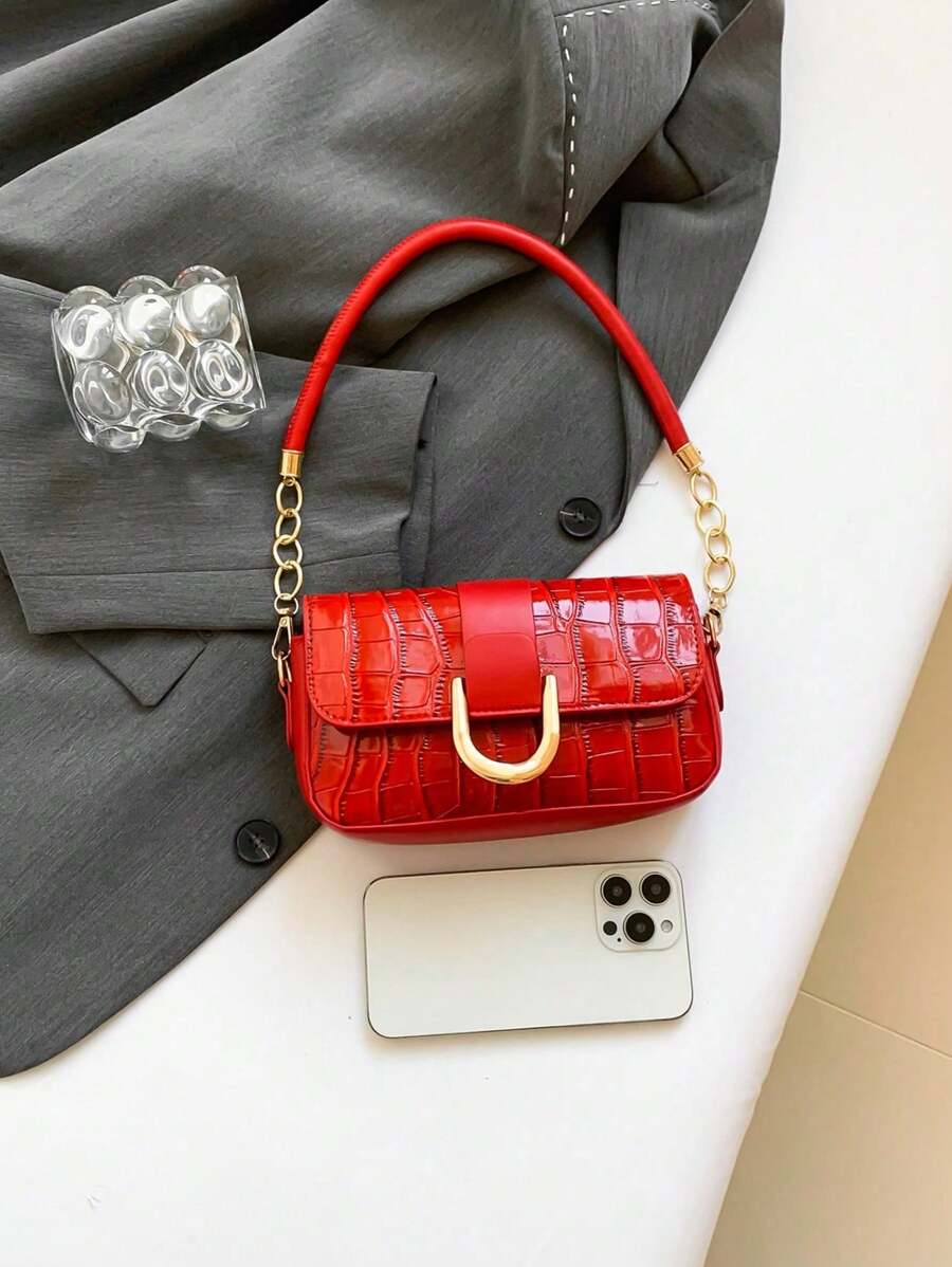 Sac carré à motif crocodile avec chaîne