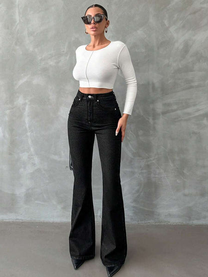 RueChic – Jeans évasés en coton à fermeture éclair, décontractés et élégants
