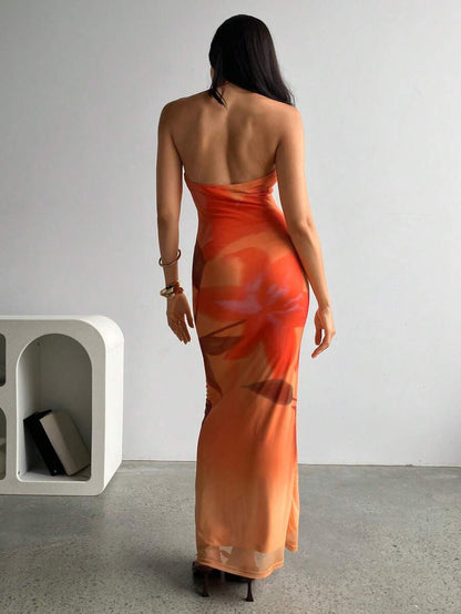 Aloruh – Robe longue à col V profond et dos nu à bretelles en maille imprimée