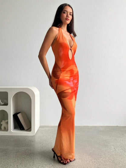 Aloruh – Robe longue à col V profond et dos nu à bretelles en maille imprimée