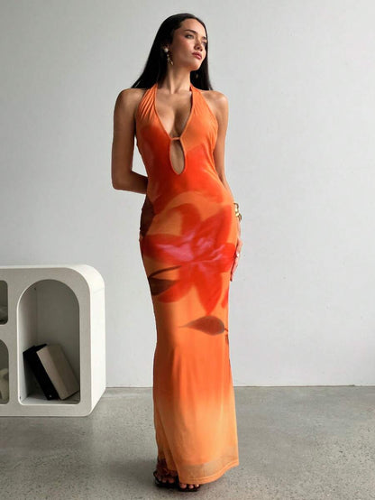 Aloruh – Robe longue à col V profond et dos nu à bretelles en maille imprimée