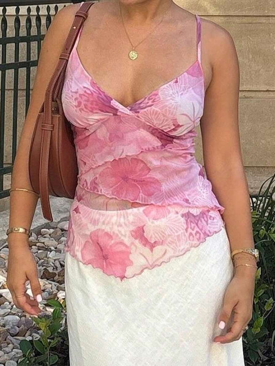 SHEIN MOD – Top cache-cœur en tricot avec ourlet asymétrique et détails à bordure à laitue